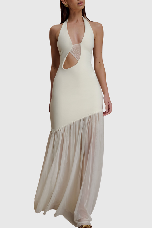 Kimba Halter Cutout Mesh Maxi Dress -  White