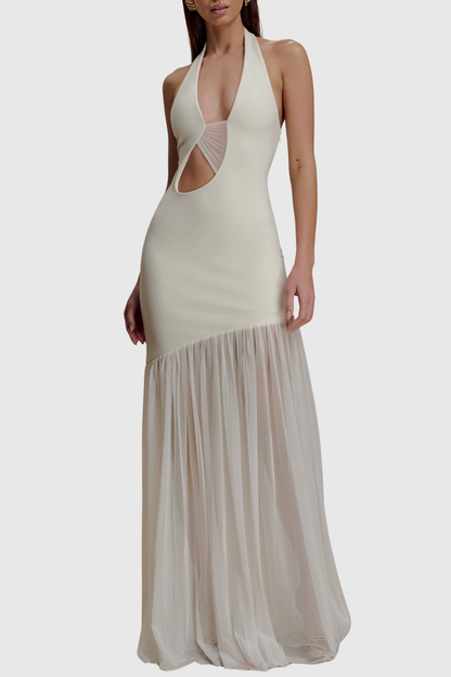 Kimba Halter Cutout Mesh Maxi Dress -  White