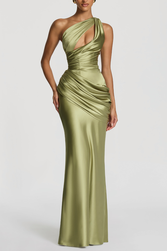Kingare One Shoulder Cutout Ruched Maxi Dress - Green