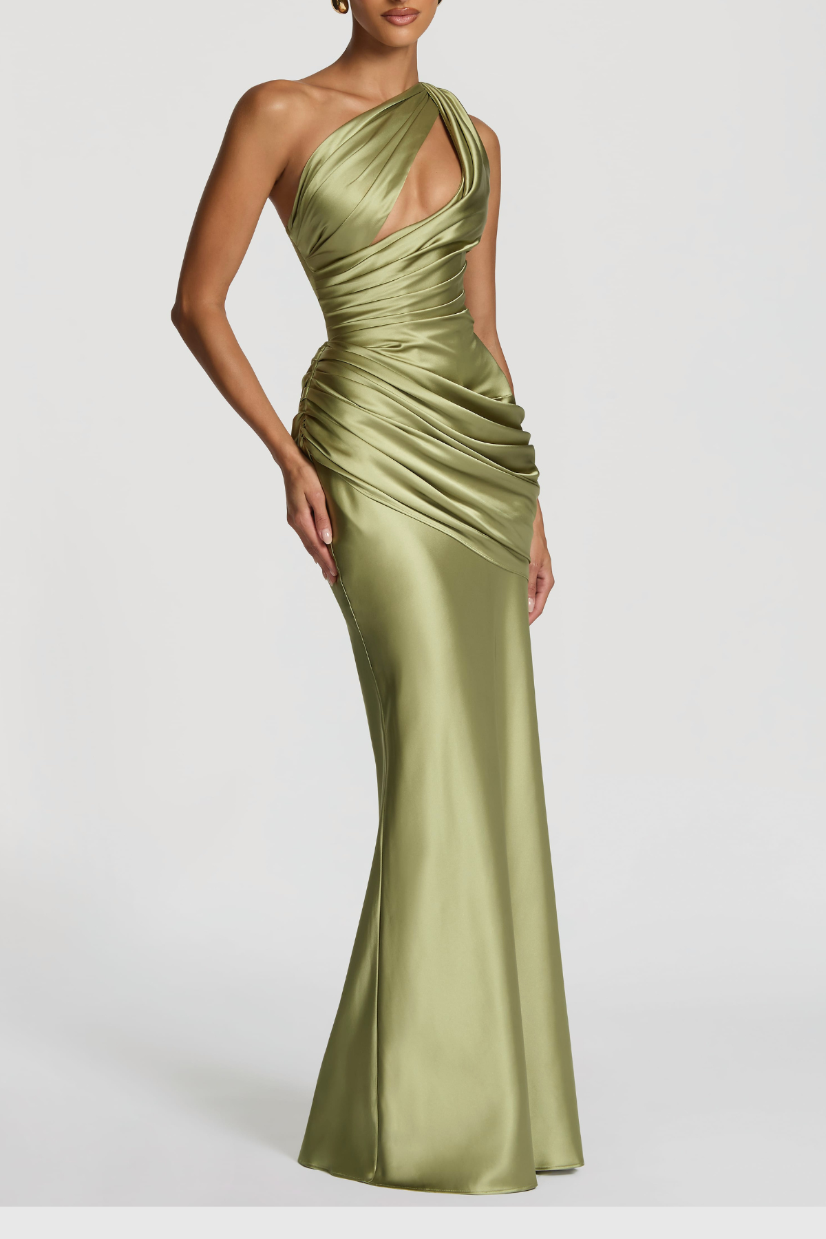 Kingare One Shoulder Cutout Ruched Maxi Dress - Green