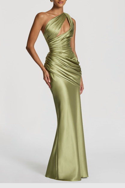 Kingare One Shoulder Cutout Ruched Maxi Dress - Green