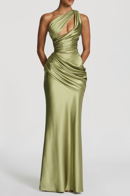 Kingare One Shoulder Cutout Ruched Maxi Dress - Green
