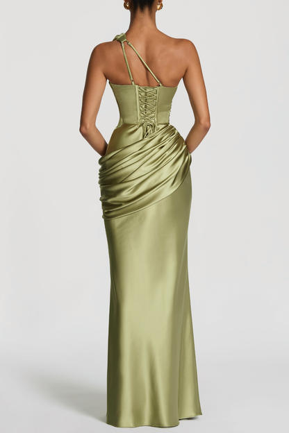 Kingare One Shoulder Cutout Ruched Maxi Dress - Green
