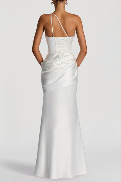 Kingare One Shoulder Cutout Ruched Maxi Dress - White