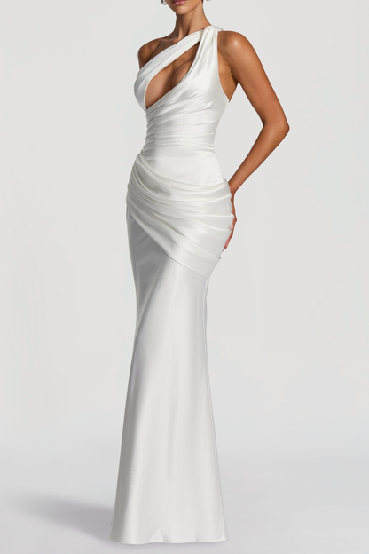 Kingare One Shoulder Cutout Ruched Maxi Dress - White