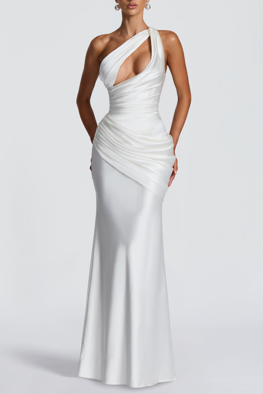 Kingare One Shoulder Cutout Ruched Maxi Dress - White