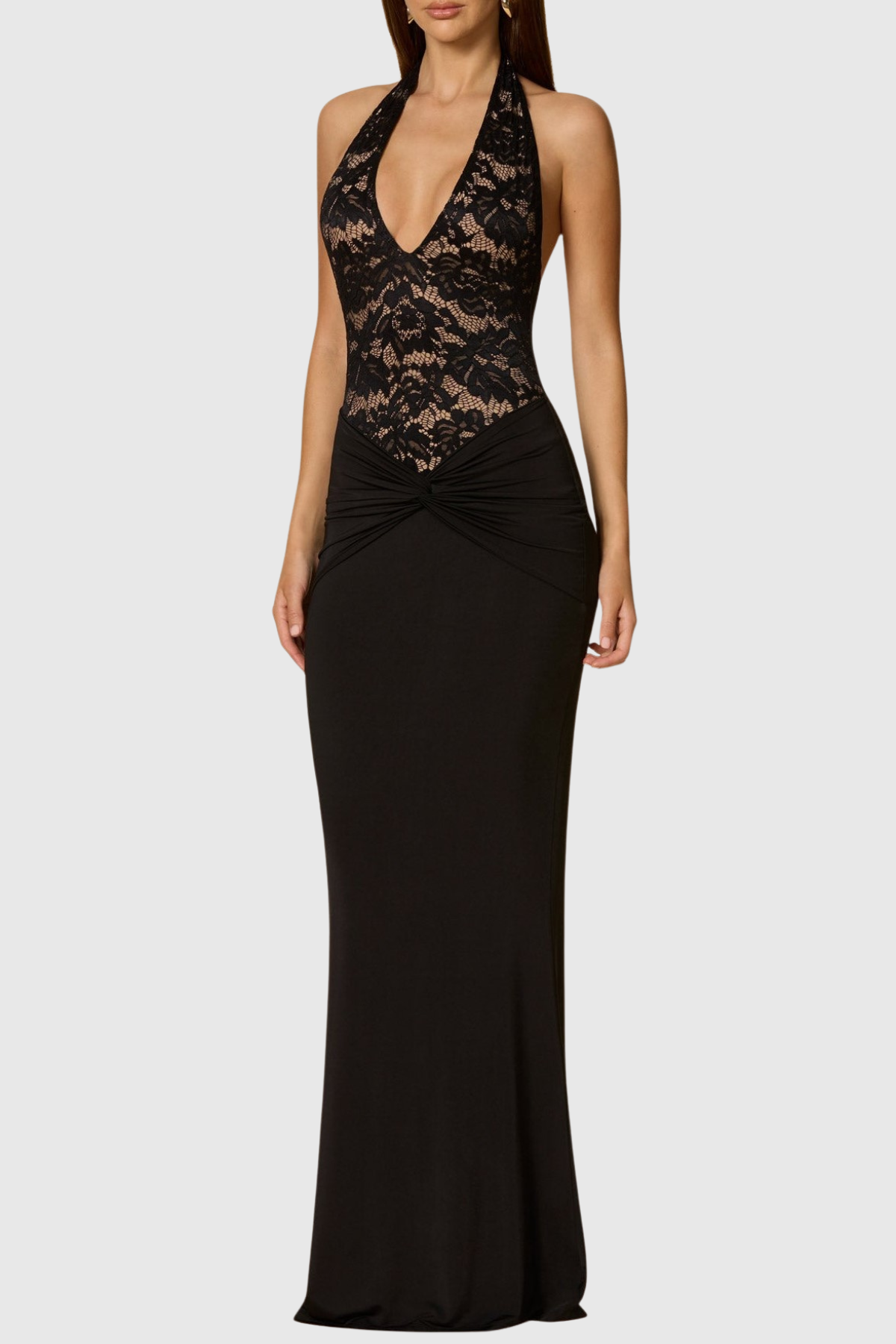 Kinslea Halter Lace Twisted Maxi Dress - Black