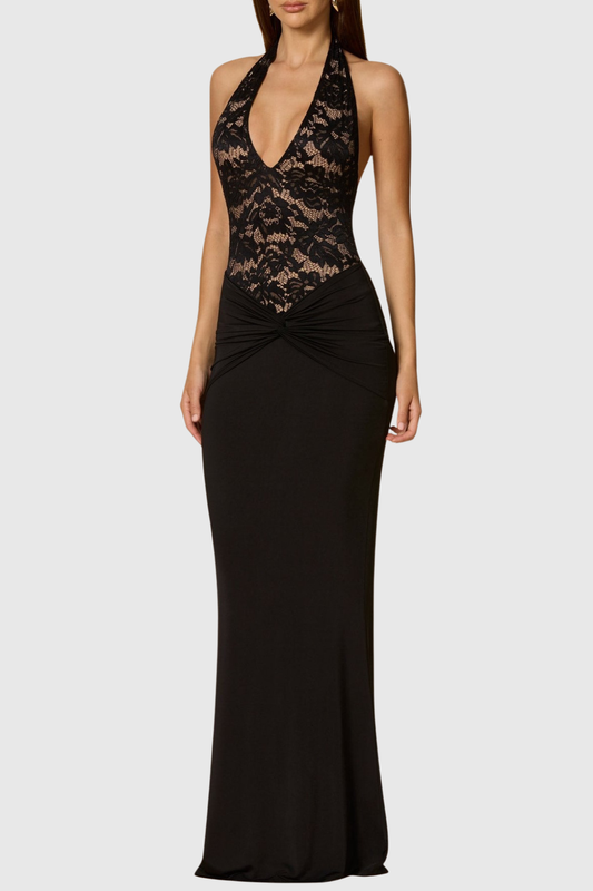 Kinslea Halter Lace Twisted Maxi Dress - Black