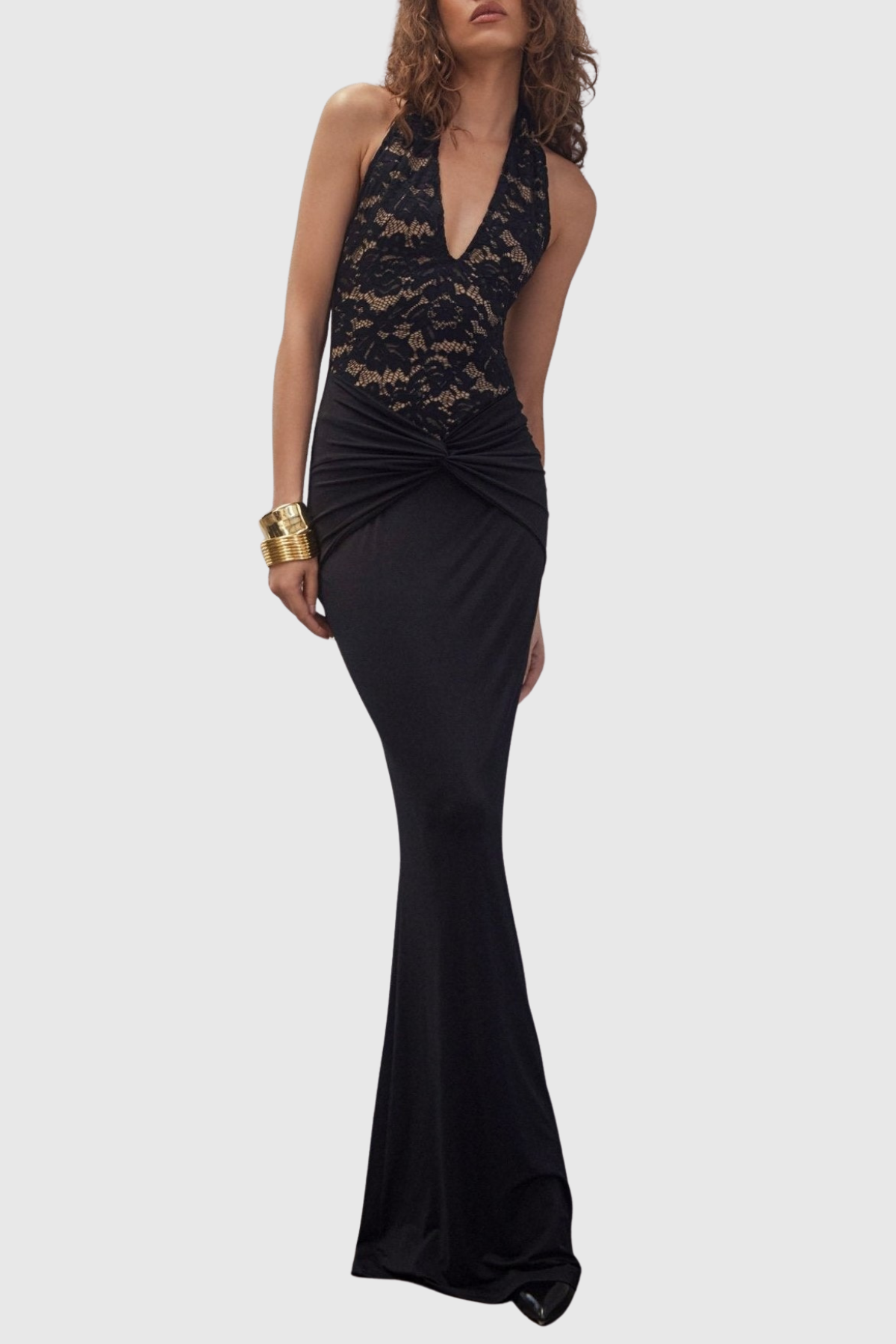 Kinslea Halter Lace Twisted Maxi Dress - Black