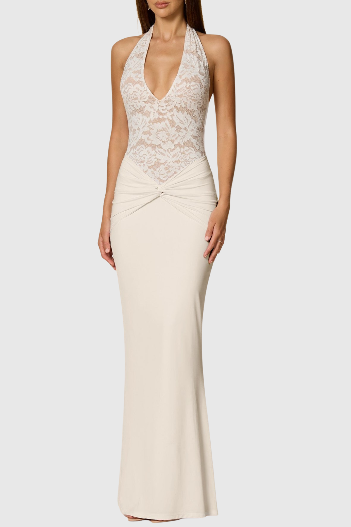 Kinslea Halter Lace Twisted Maxi Dress - White