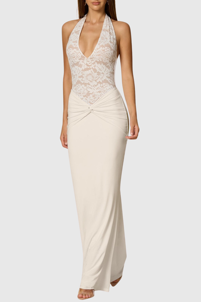 Kinslea Halter Lace Twisted Maxi Dress - White