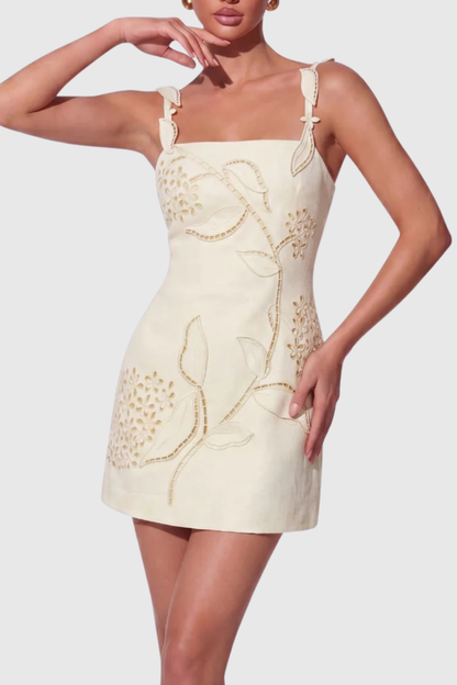 Kismet Floral Embroidered Mini Dress - Beige