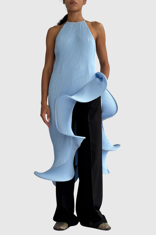Kizzy Sleeveless Pleated Ruffle Midi Dress - Blue
