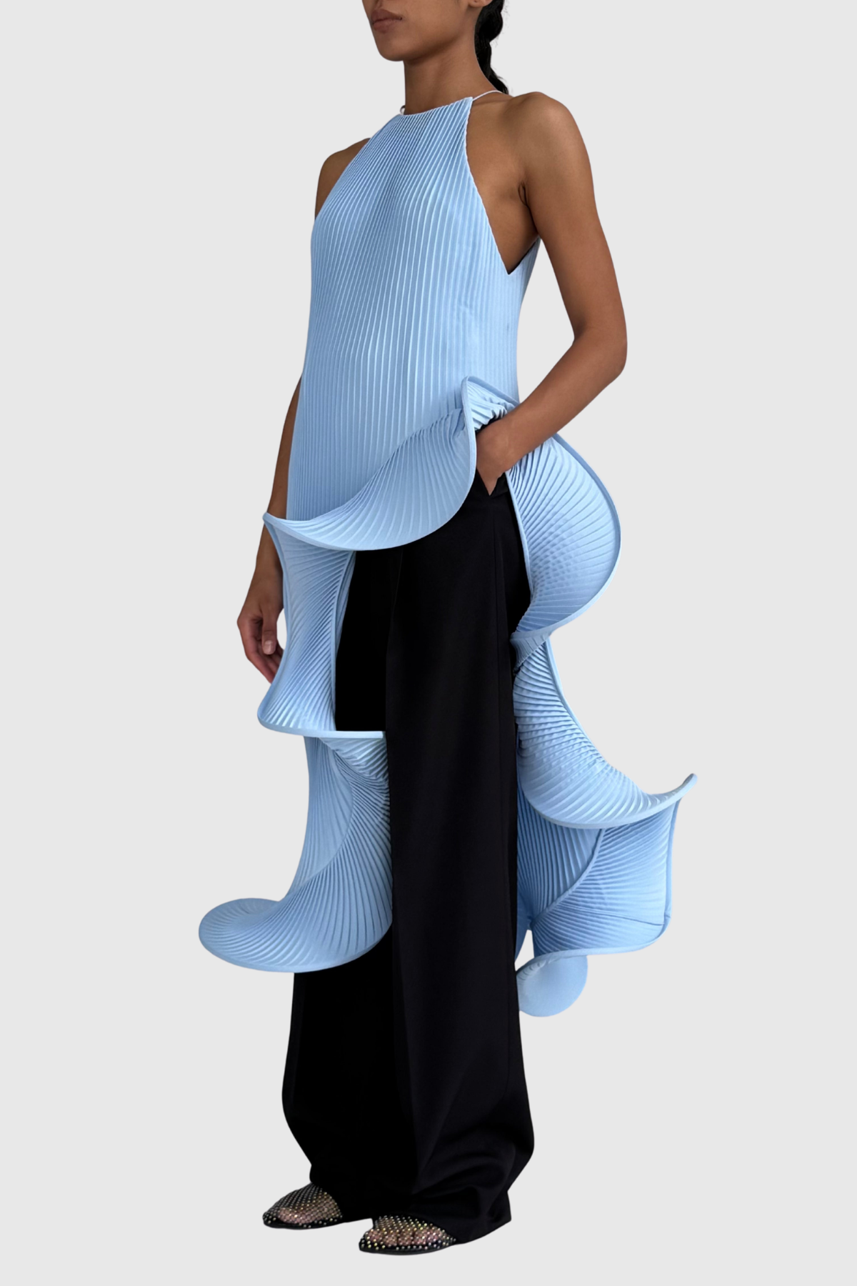 Kizzy Sleeveless Pleated Ruffle Midi Dress - Blue