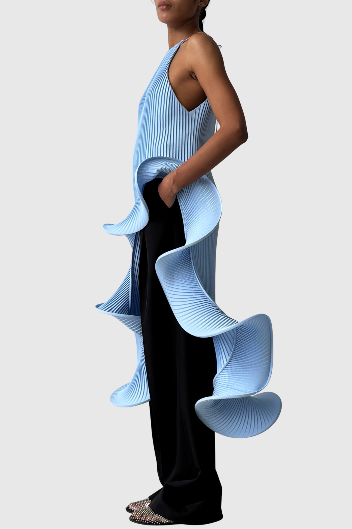 Kizzy Sleeveless Pleated Ruffle Midi Dress - Blue