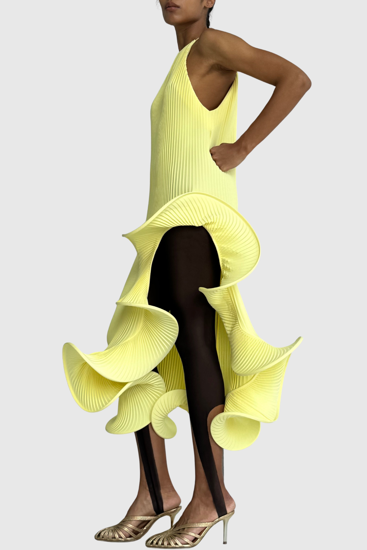 Kizzy Sleeveless Pleated Ruffle Midi Dress - Yellow