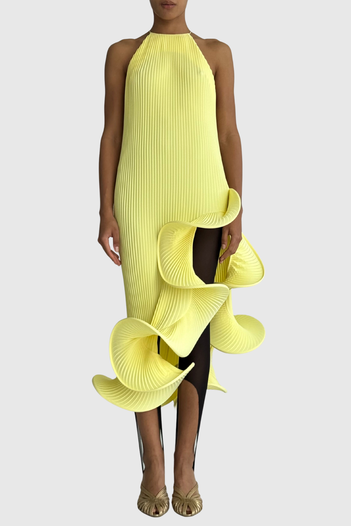 Kizzy Sleeveless Pleated Ruffle Midi Dress - Yellow