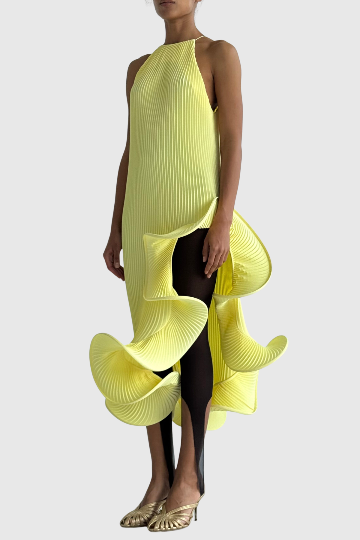 Kizzy Sleeveless Pleated Ruffle Midi Dress - Yellow