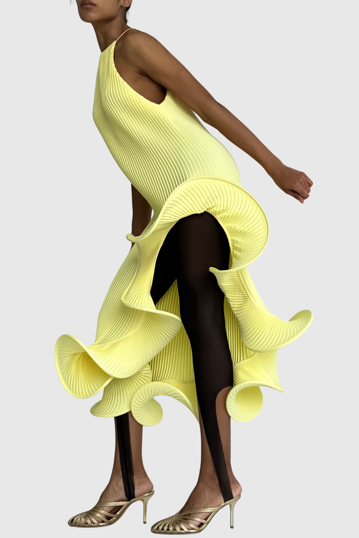 Kizzy Sleeveless Pleated Ruffle Midi Dress - Yellow