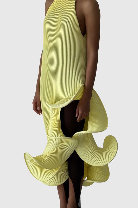 Kizzy Sleeveless Pleated Ruffle Midi Dress - Yellow