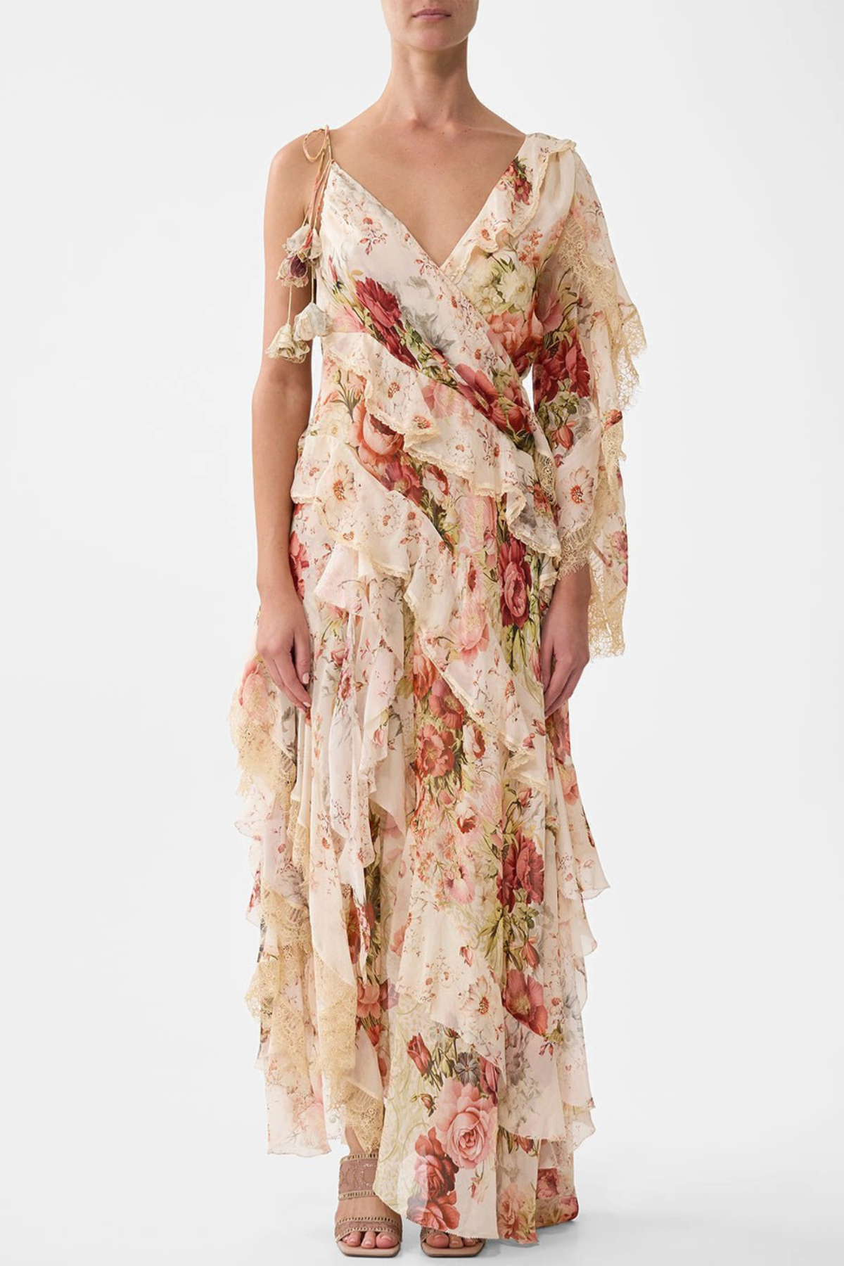 Koemi Asymmetric Lace Trim Maxi Dress