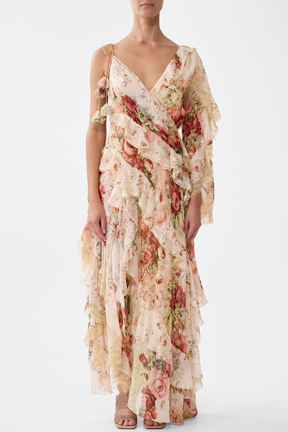 Koemi Asymmetric Lace Trim Maxi Dress