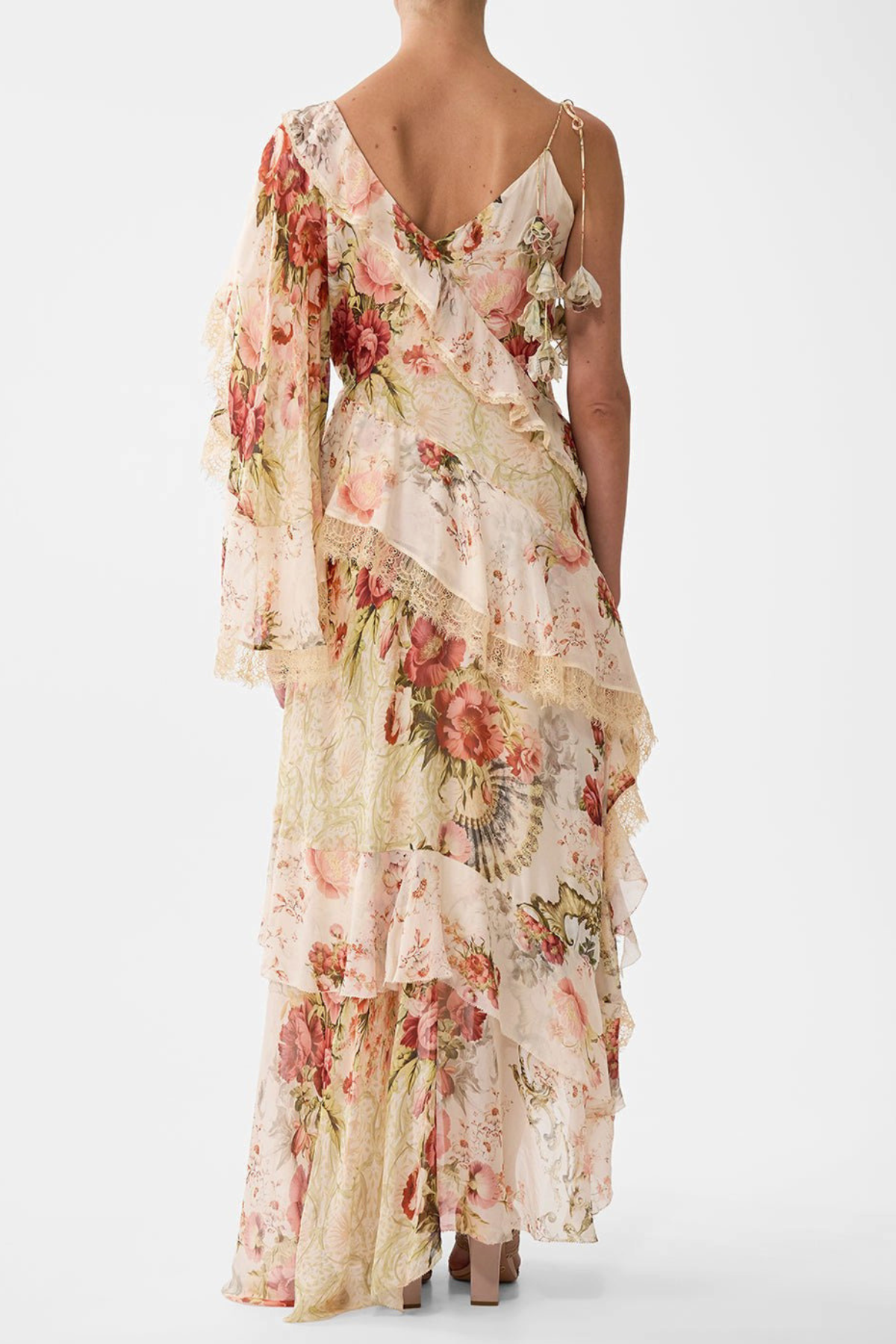 Koemi Asymmetric Lace Trim Maxi Dress