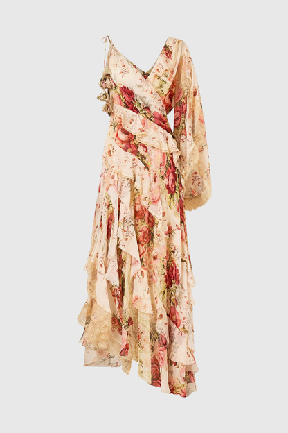 Koemi Asymmetric Lace Trim Maxi Dress