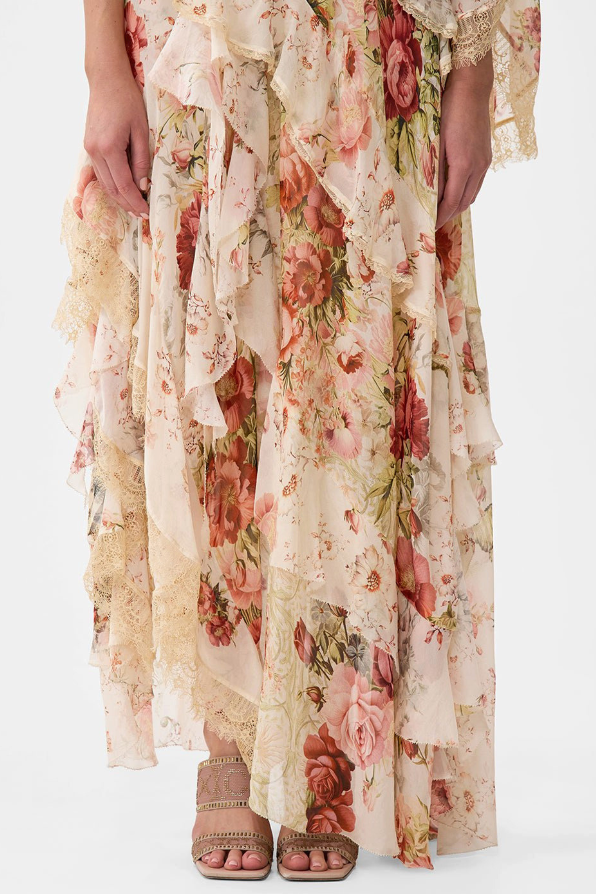 Koemi Asymmetric Lace Trim Maxi Dress