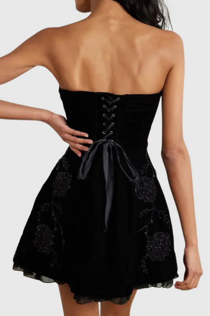 Kola Floral Crystal Strapless Velvet Mini Dress