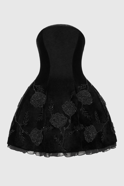 Kola Floral Crystal Strapless Velvet Mini Dress