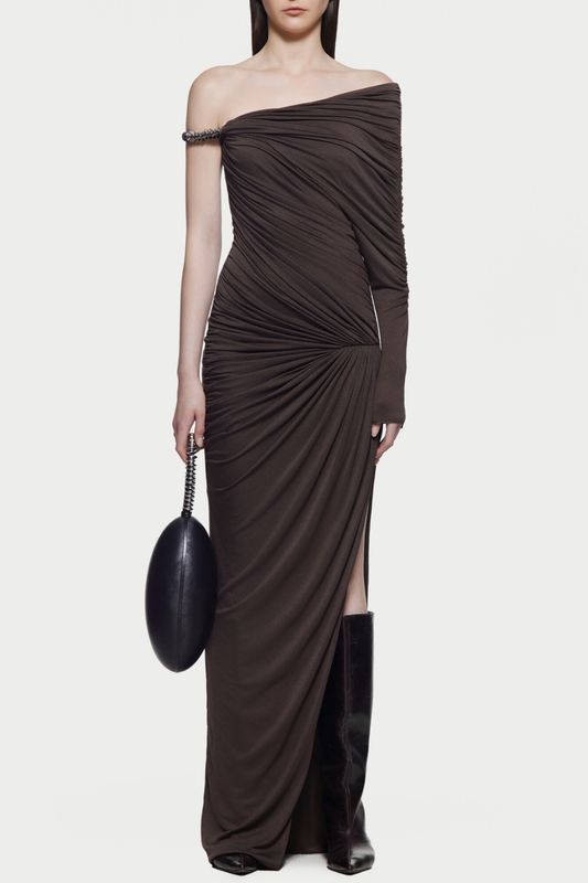 Koreia Asymmetric Ruched Maxi Dress - Brown