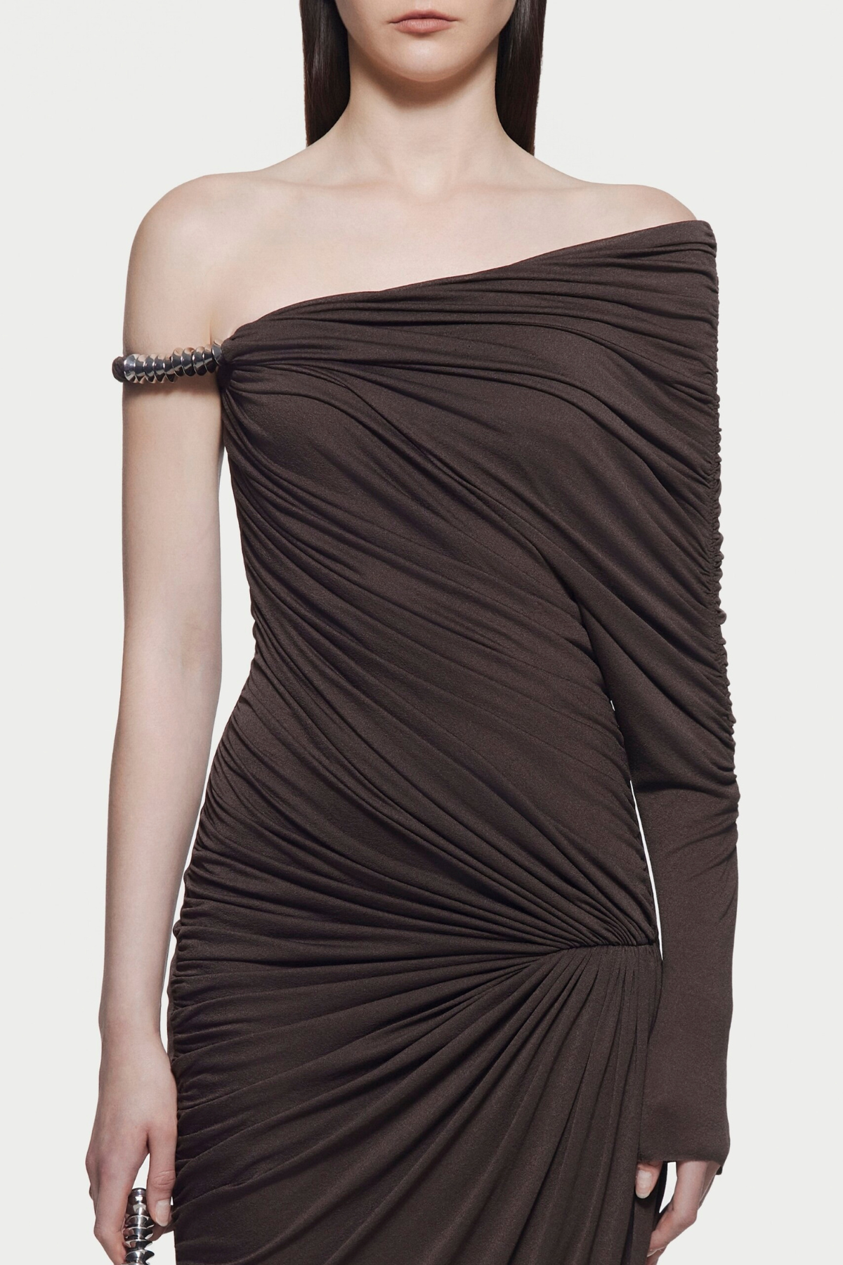 Koreia Asymmetric Ruched Maxi Dress - Brown