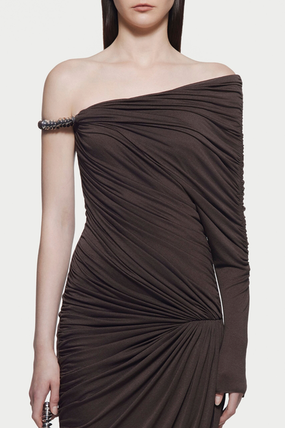 Koreia Asymmetric Ruched Maxi Dress - Brown