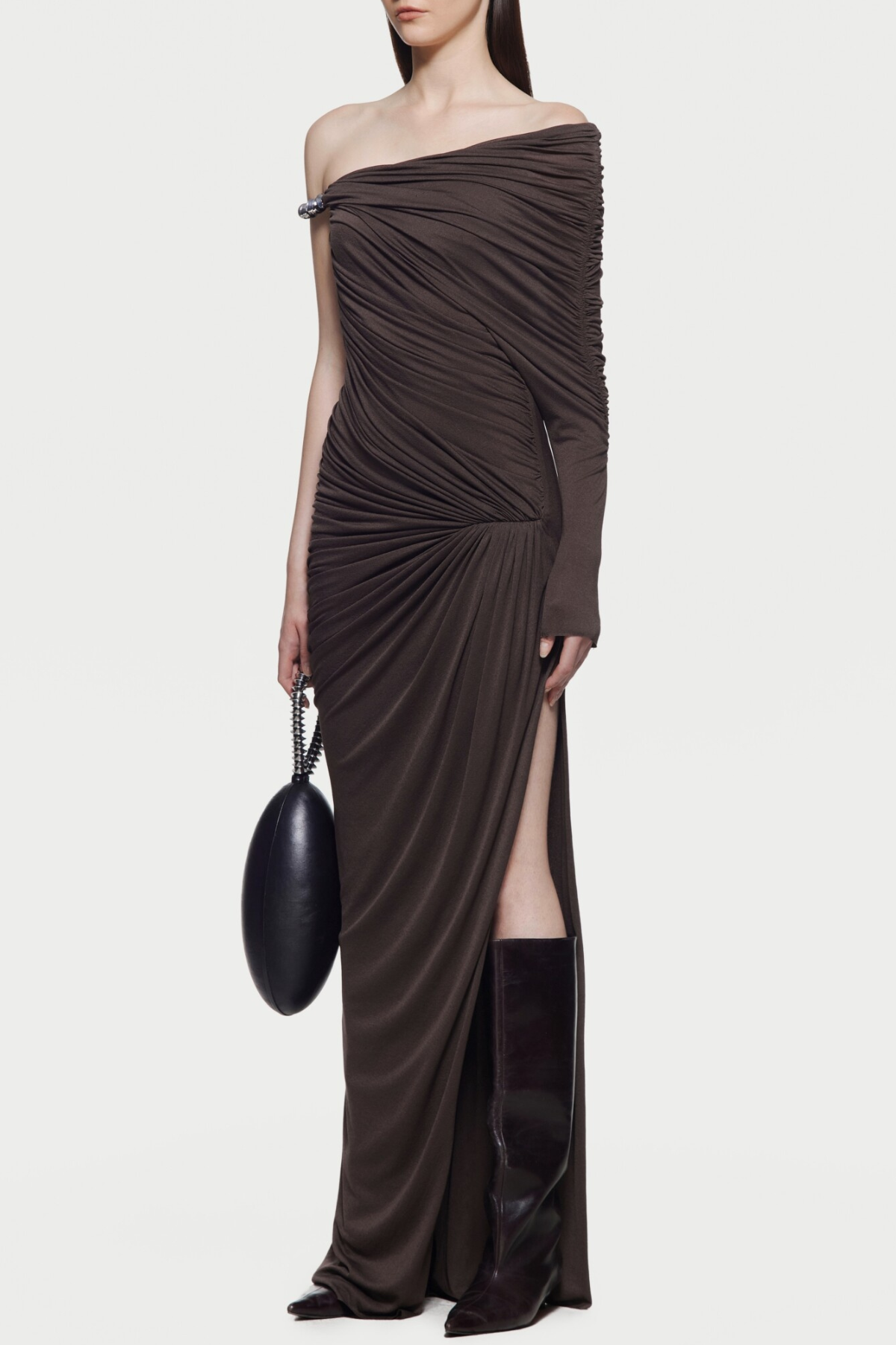 Koreia Asymmetric Ruched Maxi Dress - Brown