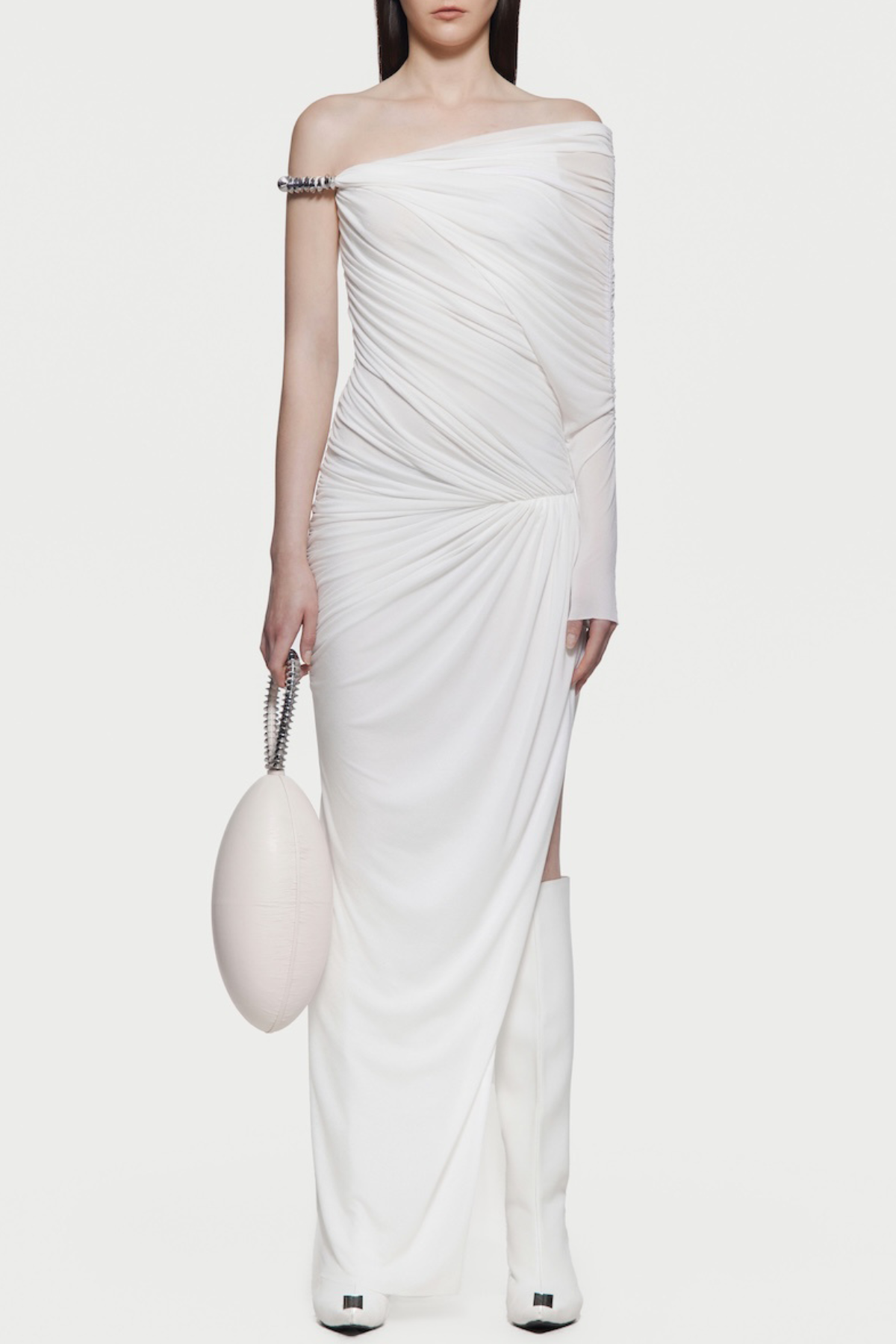 Koreia Asymmetric Ruched Maxi Dress - White