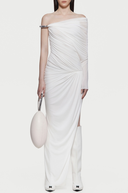 Koreia Asymmetric Ruched Maxi Dress - White