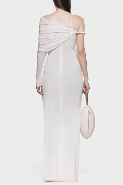 Koreia Asymmetric Ruched Maxi Dress - White