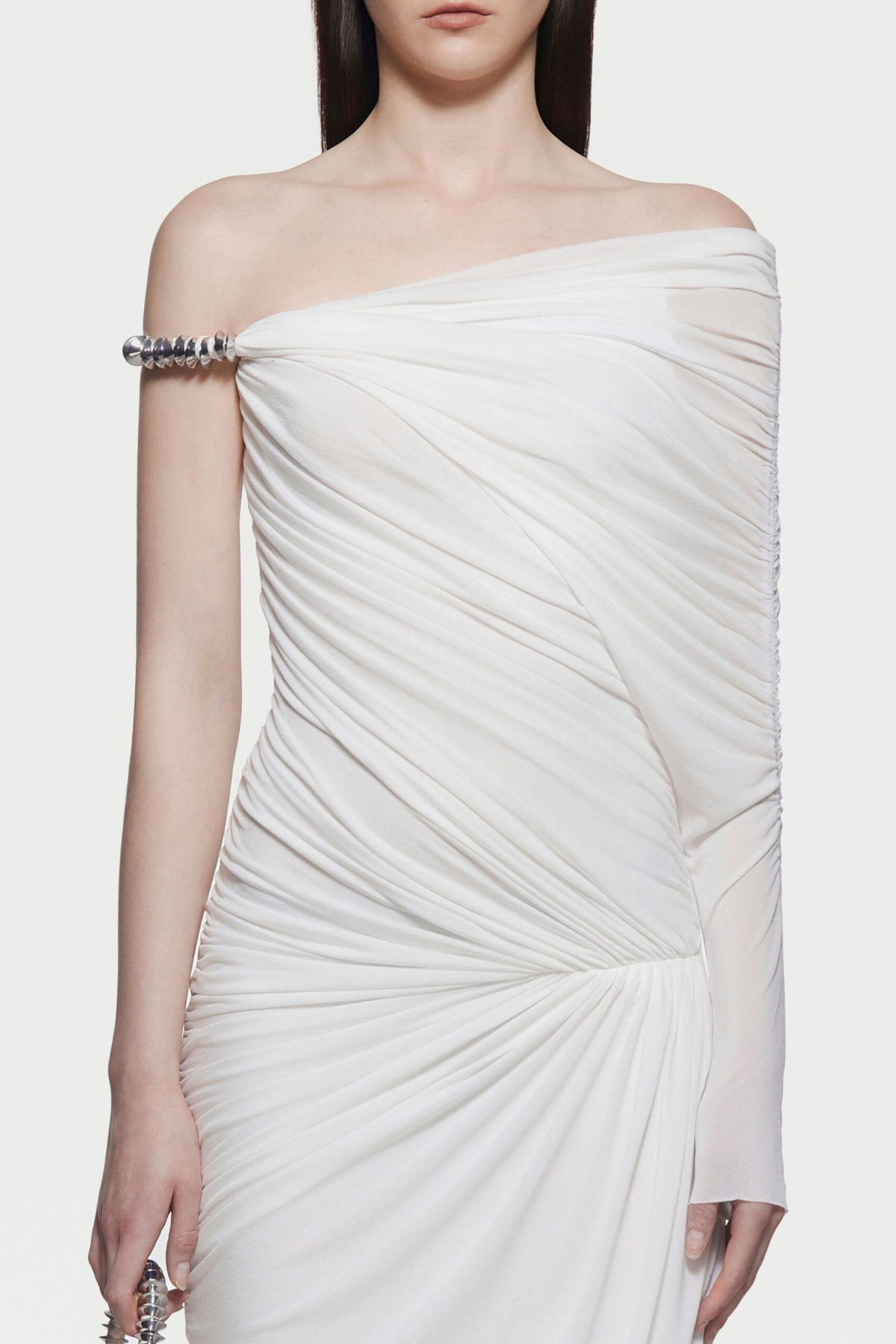 Koreia Asymmetric Ruched Maxi Dress - White
