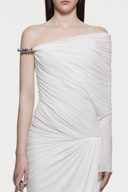 Koreia Asymmetric Ruched Maxi Dress - White