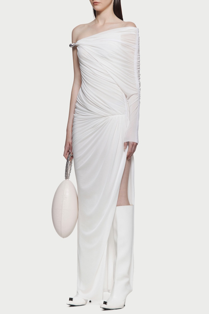Koreia Asymmetric Ruched Maxi Dress - White