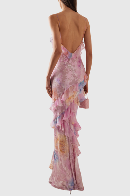 Koxana Floral Jacquard Ruffle Maxi Dress - Pink