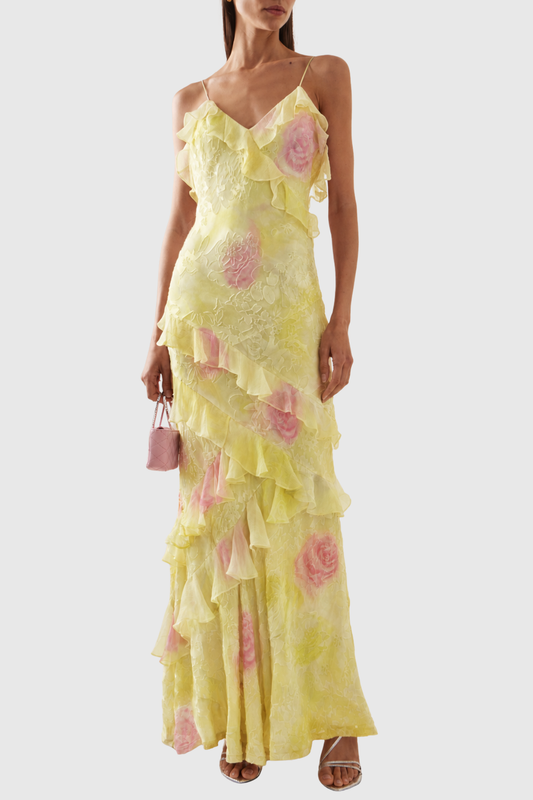 Koxana Floral Jacquard Ruffle Maxi Dress - Yellow