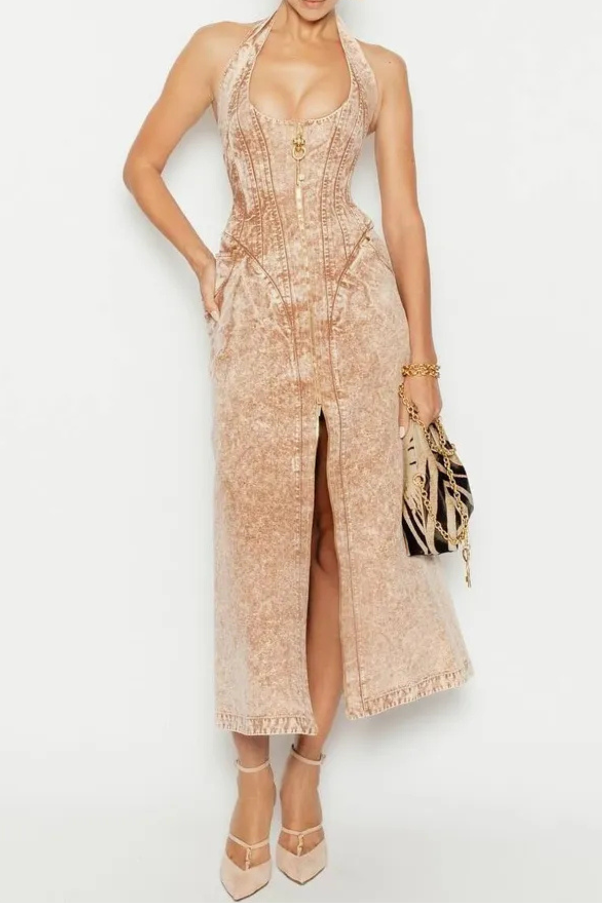 Krishna Halter Denim Corset Contrast-stitching Maxi Dress - Khaki