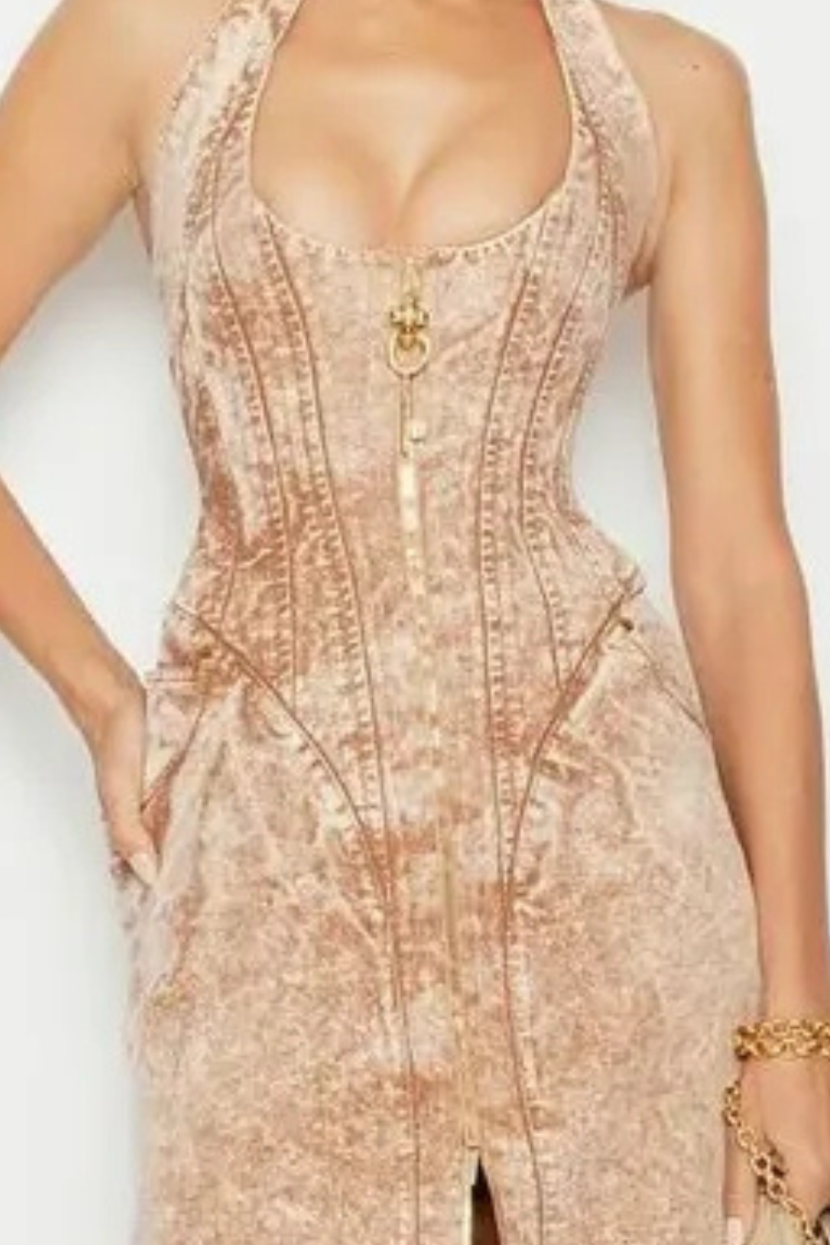Krishna Halter Denim Corset Contrast-stitching Maxi Dress - Khaki