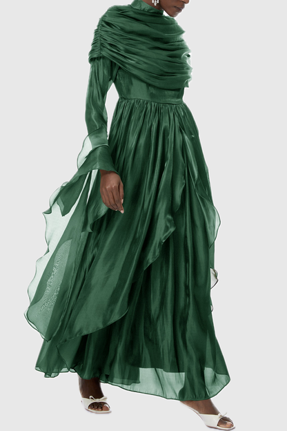 Kruzo Ruched Cape Ruffle Maxi Dress - Green