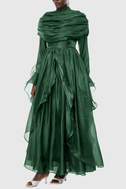 Kruzo Ruched Cape Ruffle Maxi Dress - Green
