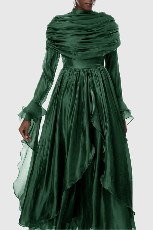 Kruzo Ruched Cape Ruffle Maxi Dress - Green