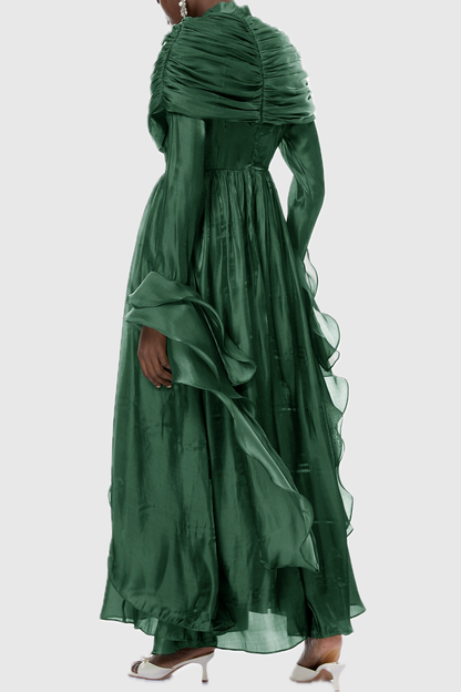 Kruzo Ruched Cape Ruffle Maxi Dress - Green