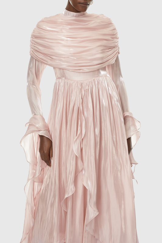 Kruzo Ruched Cape Ruffle Maxi Dress - Pink